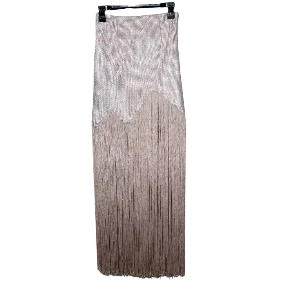 Asilio Gatsby Skirt 4 Maxi High Waist Fringe Slit Woven Beige Going Out Revolve - Picture 2 of 9